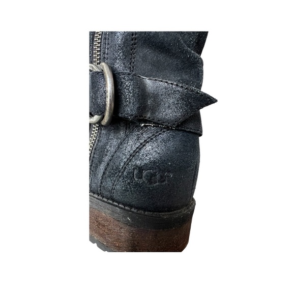UGG Black Suede Leather Silvia Moto Boots w/ glossy Snake Print gusset. SZ. 6 - Picture 9 of 10